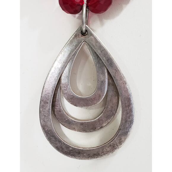 Vintage Sterling Silver & Red Glass Bead Teardrop Pendant Necklace 18" - Picture 4 of 8